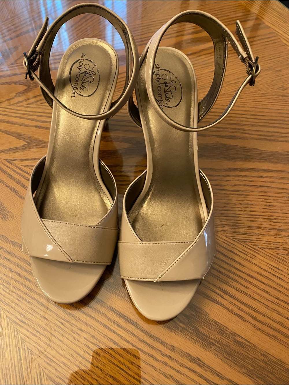 Life Stride Beige Patent Crisscross Ankle-Strap Heels